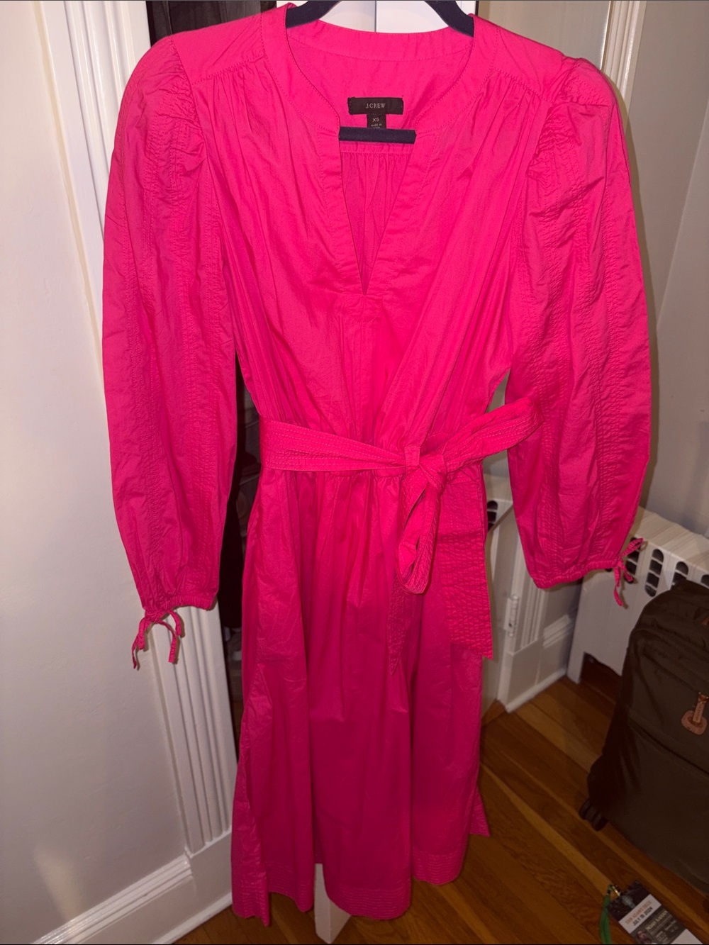 J. Crew Bright Pink Puff-Sleeve Tie-Waist Midi Dress